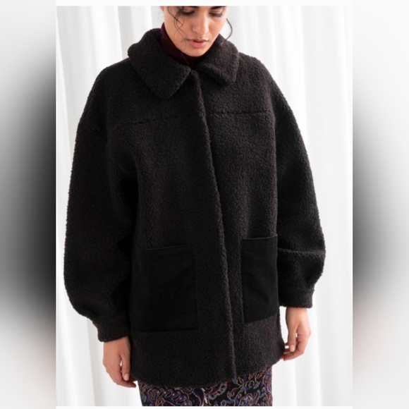 & Other Stories Black Teddy Jacket with Corduroy Pockets - Picture 2 of 12